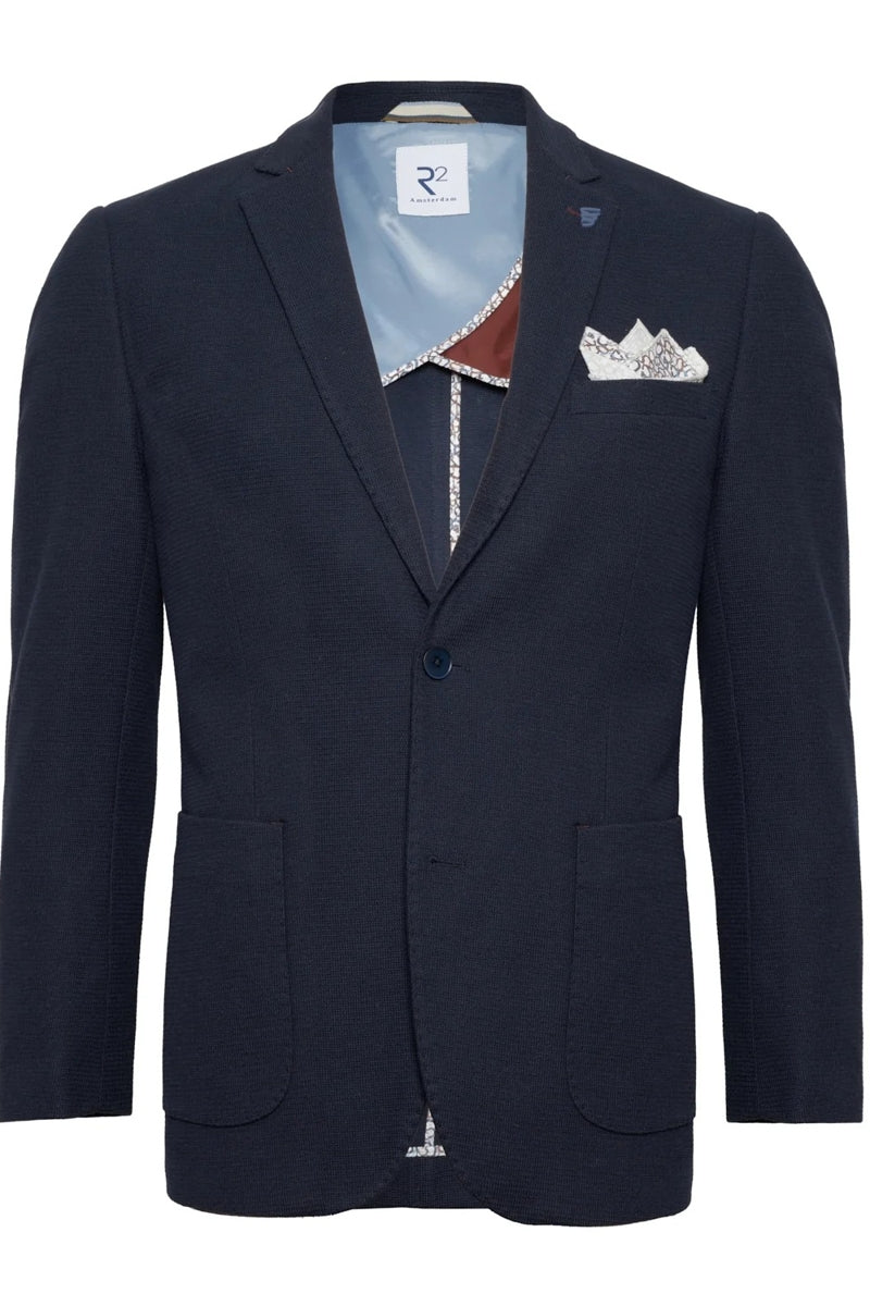 Direct From Brand,R2 Amsterdam, R2 Amsterdam Navy Knitted Stretch Blazer, Blue, Small-40-Tag48