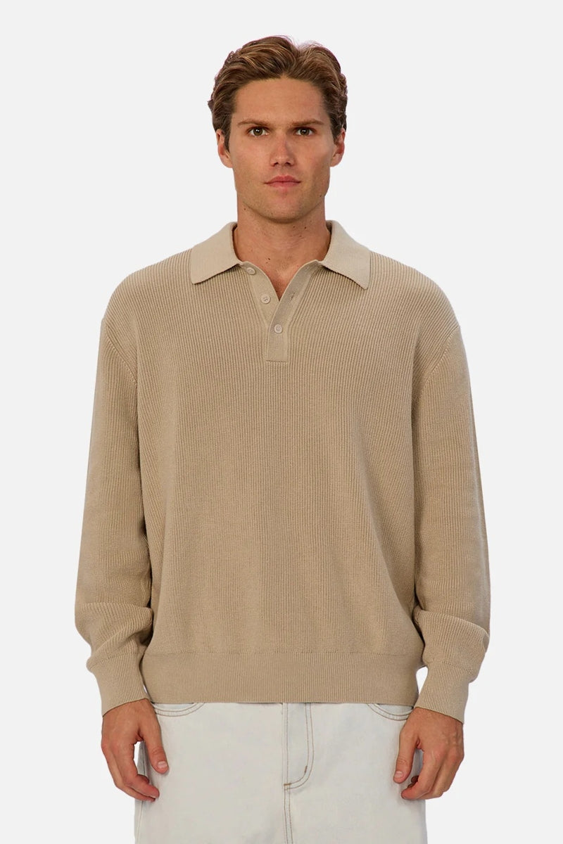 Wholesale,INDUSTRIE AUSTRALIA, INDUSTRIE AUSTRALIA Sand Dune Three-button Knitted Polo, Tan, Medium-50-TagM