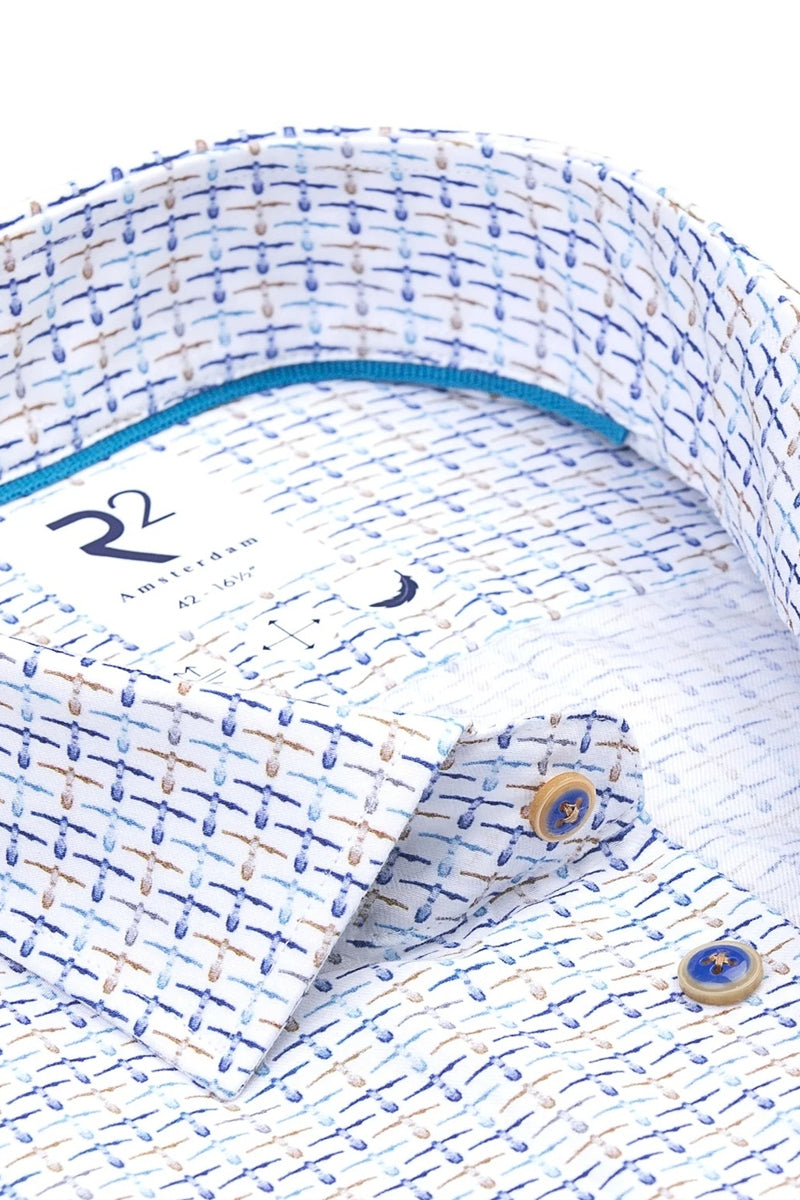 Direct From Brand,R2 Amsterdam, R2 Amsterdam Blue/Beige/White Abstract Line Print Shirt, Blue, Medium-44-Tag41Extra Large-48-Tag43Extra Extra Large-50-Tag44Large-46-Tag42