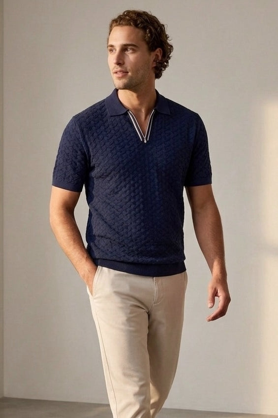Direct From Brand,R2 Amsterdam, R2 Amsterdam Navy Zipper Closure Textured Polo, Blue, Small-38-TagSExtra Large-45-TagXLExtra Extra Large-48-TagXXL