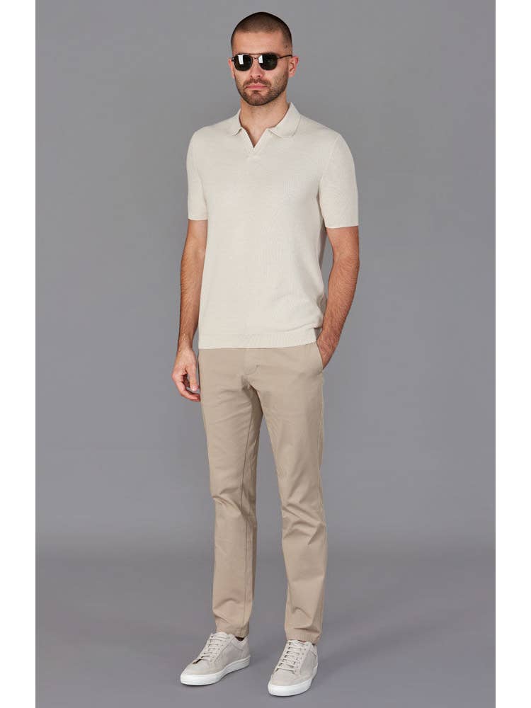 Faire,Paul James, Paul James Cream Textured Knit Buttonless Short Sleeve Polo, Cream, Medium-40-TagM