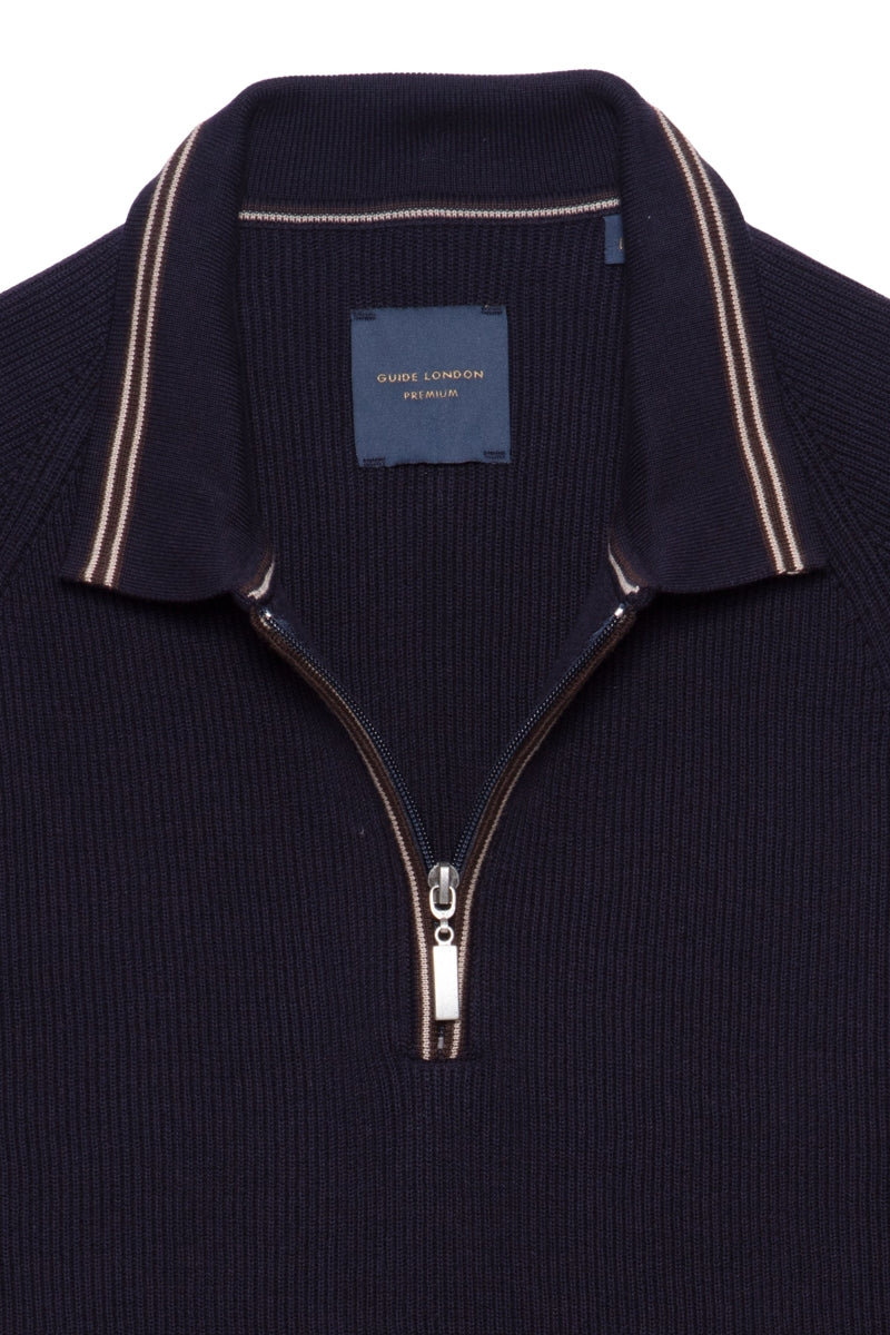 Faire,Guide London, Guide London Navy Braided Weave Knit Qtr Zip Polo, Blue, Extra Extra Large-46-TagXXL