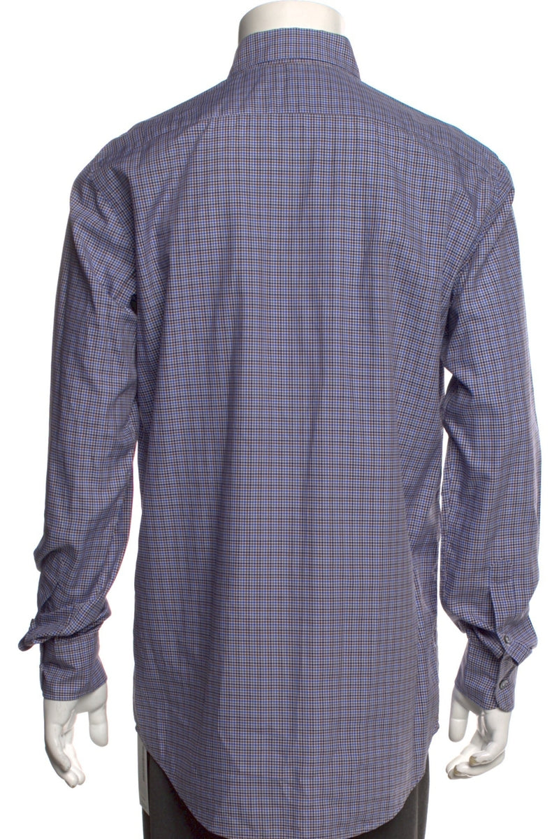 RealReal,Bergdorf Goodman, Bergdorf Goodman Blue/Brown Plaid Print Long Sleeve Dress Shirt, Blue, Medium-44-TagM