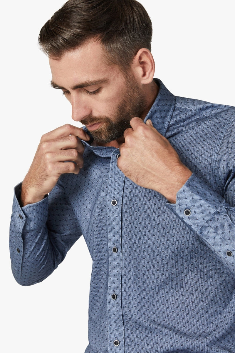 Wholesale,34 Heritage, 34 Heritage Indigo Melange Leaf Print Knit Shirt, Blue, Small-42-TagSMedium-44-TagMLarge-47-TagLExtra Large-50-TagXLExtra Extra Large-54-TagXXL