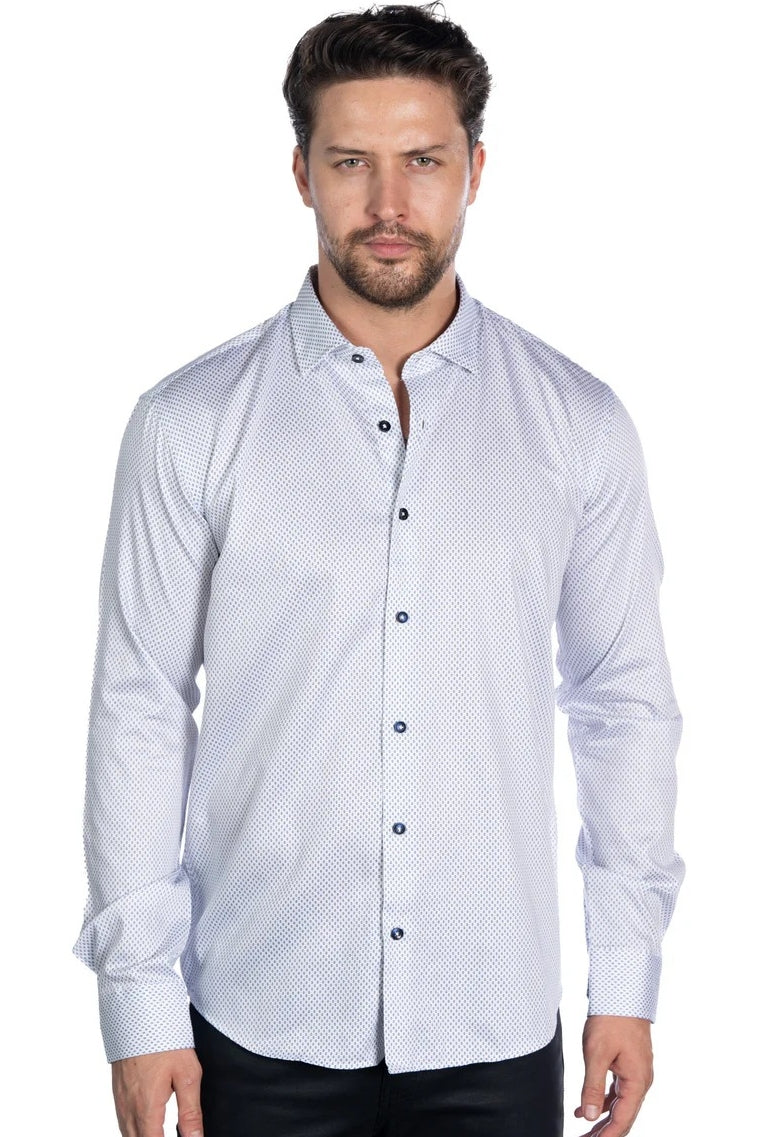 Wholesale,Mizumi, Mizumi White with Navy Geo Diamond Print Shirt, White, Large-45-TagLExtra Large-48-TagXLExtra Extra Large-52-Tag3XLMedium-43-TagMExtra Extra Large-50-TagXXL