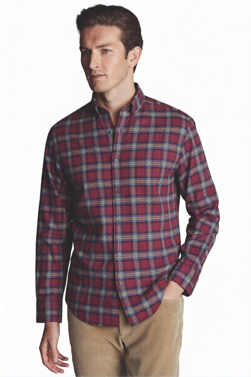 Wholesale,Charles Tyrwhitt, Charles Tyrwhitt Dark Red Check Brushed Flannel Shirt, Red, Extra Extra Large-51-TagXXL
