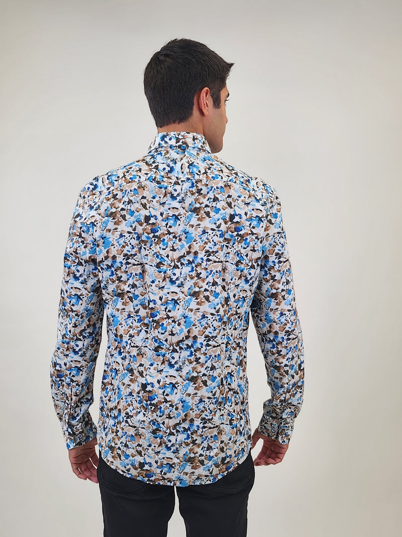 R2 Amsterdam Blue Painted Floral Print Cotton Long Sleeve Shirt