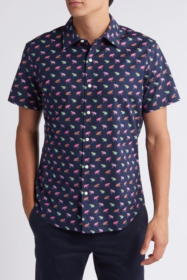 Wholesale,Bonobos, Bonobos Dark Blue Conversational Print Stretch Short Sleeve Shirt, Blue, Small-39-TagSMedium-42-TagMLarge-45-TagLExtra Large-48-TagXLExtra Extra Large-51-TagXXL