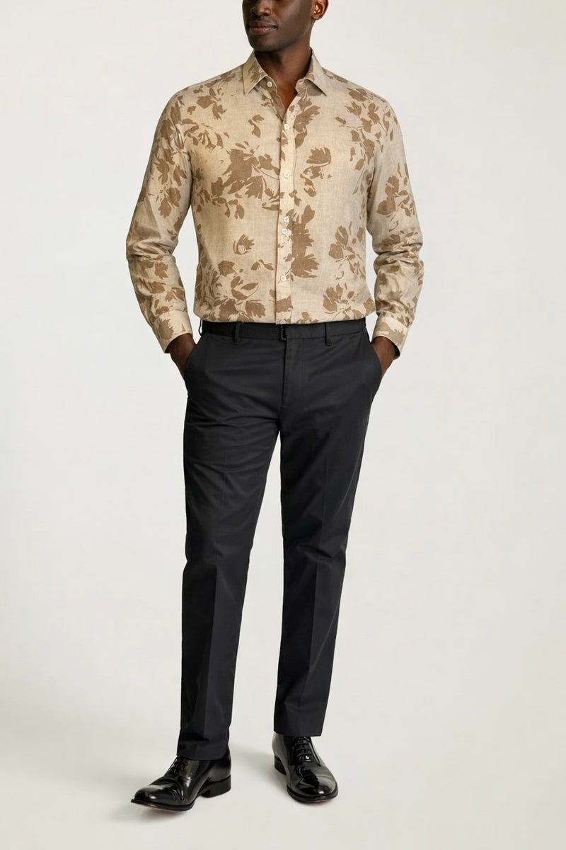 Bobbi + Bricka, Jakamen Tan With Brown Leaf Print Long Sleeve Button Up Shirt, Tan, Extra Extra Large-52-TagXXXLExtra Large-50-TagXXLLarge-47-TagXLLarge-45-TagLMedium-42-TagMSmall-40-TagS