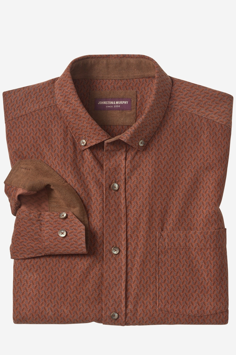 Wholesale,Johnston & Murphy, Johnston & Murphy Rust Overdyed Print Corduroy Shirt, Brown, Large-48-TagL
