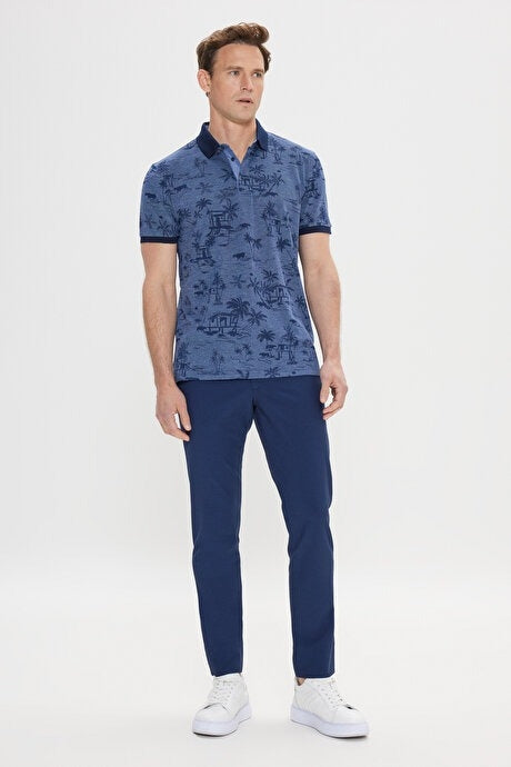 Wholesale,Altinyildiz Classics, Altinyildiz Classics Indigo Palm Tree Patterned Pique Knit Polo, Blue, Large-44-TagL
