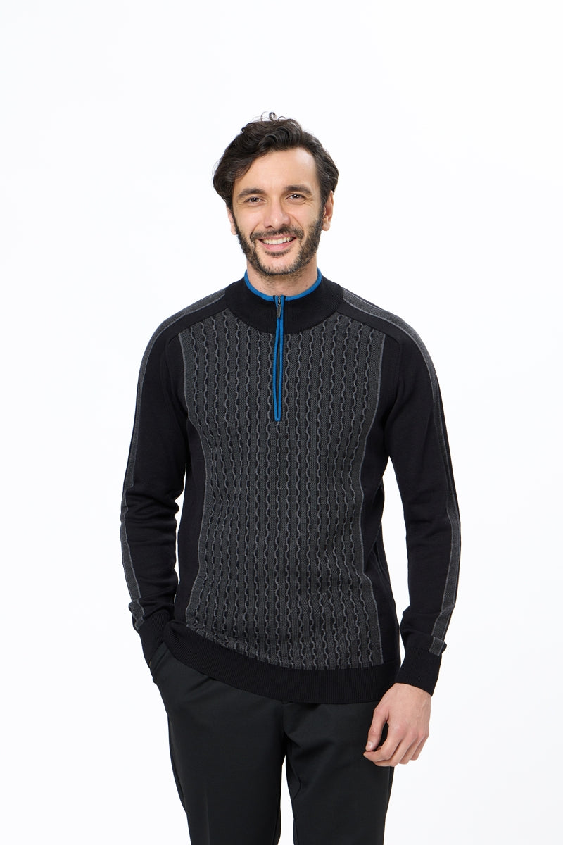 Wholesale,Luchiano Visconti, Luchiano Visconti Black Panelled Wave Jacquard Mockneck Qtr Zip, Black, Extra Large-46-TagXL