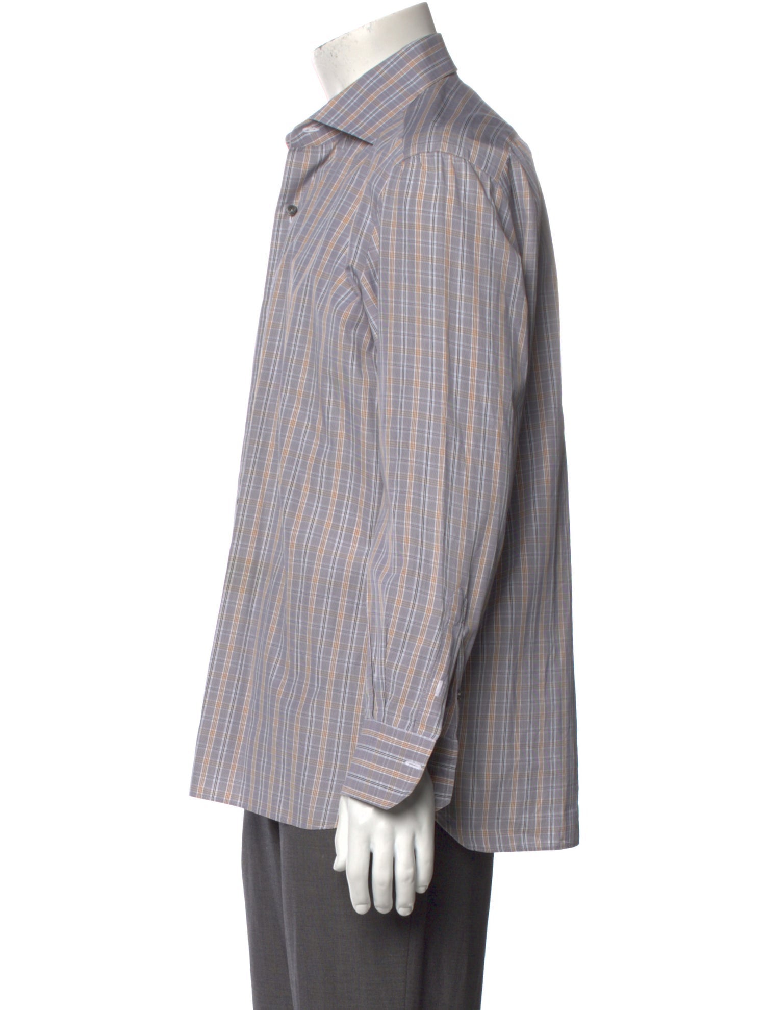 RealReal,Isaia, Isaia Grey/Tan Plaid Print Long Sleeve Dress Shirt, Grey, Large-47-TagL