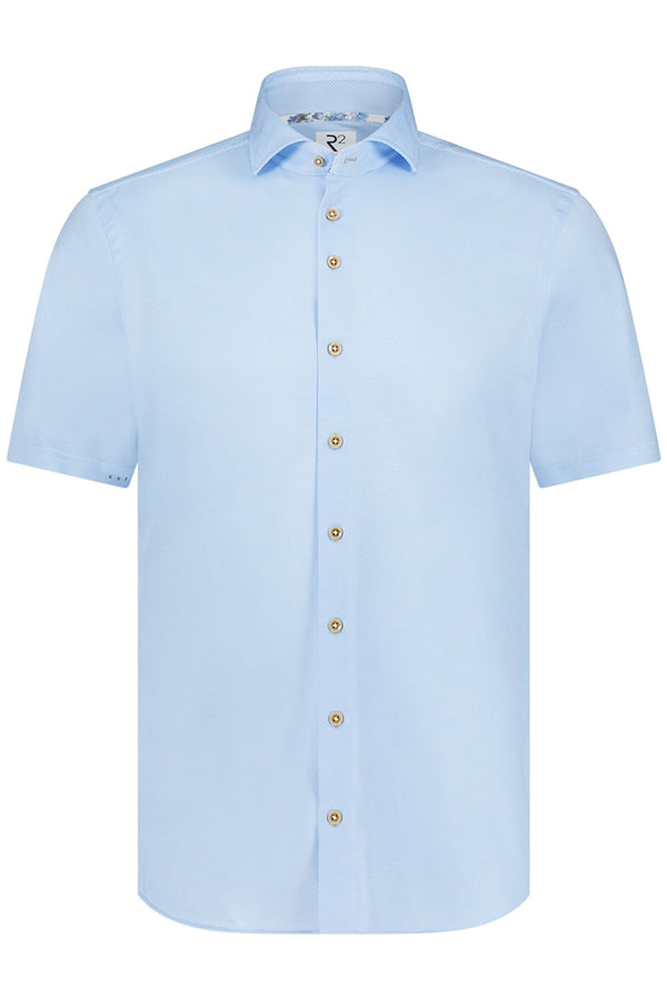 R2 Amsterdam Light Blue Geo Knitted Short Sleeve Button Up Shirt