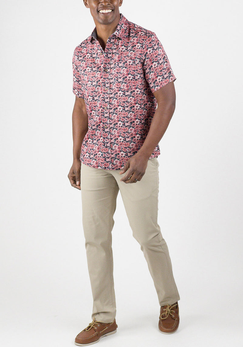 Brand Partner,Tailor Vintage, Tailor Vintage Dark Red Floral Print Puretec Cool Cotton/Linen Blend Shirt, Red, Small-41-TagSLarge-47-TagLExtra Large-51-TagXLExtra Extra Large-55-TagXXLMedium-44-TagM