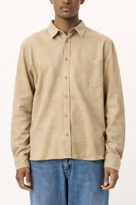 Faire,Common Market, Common Market Tan Twill Long Sleeve Button Up Shirt With Front Chest Pocket, Tan, Extra Extra Large-51-TagXXLExtra Large-50-TagXLMedium-43-TagSMedium-45-TagMLarge-47-TagL