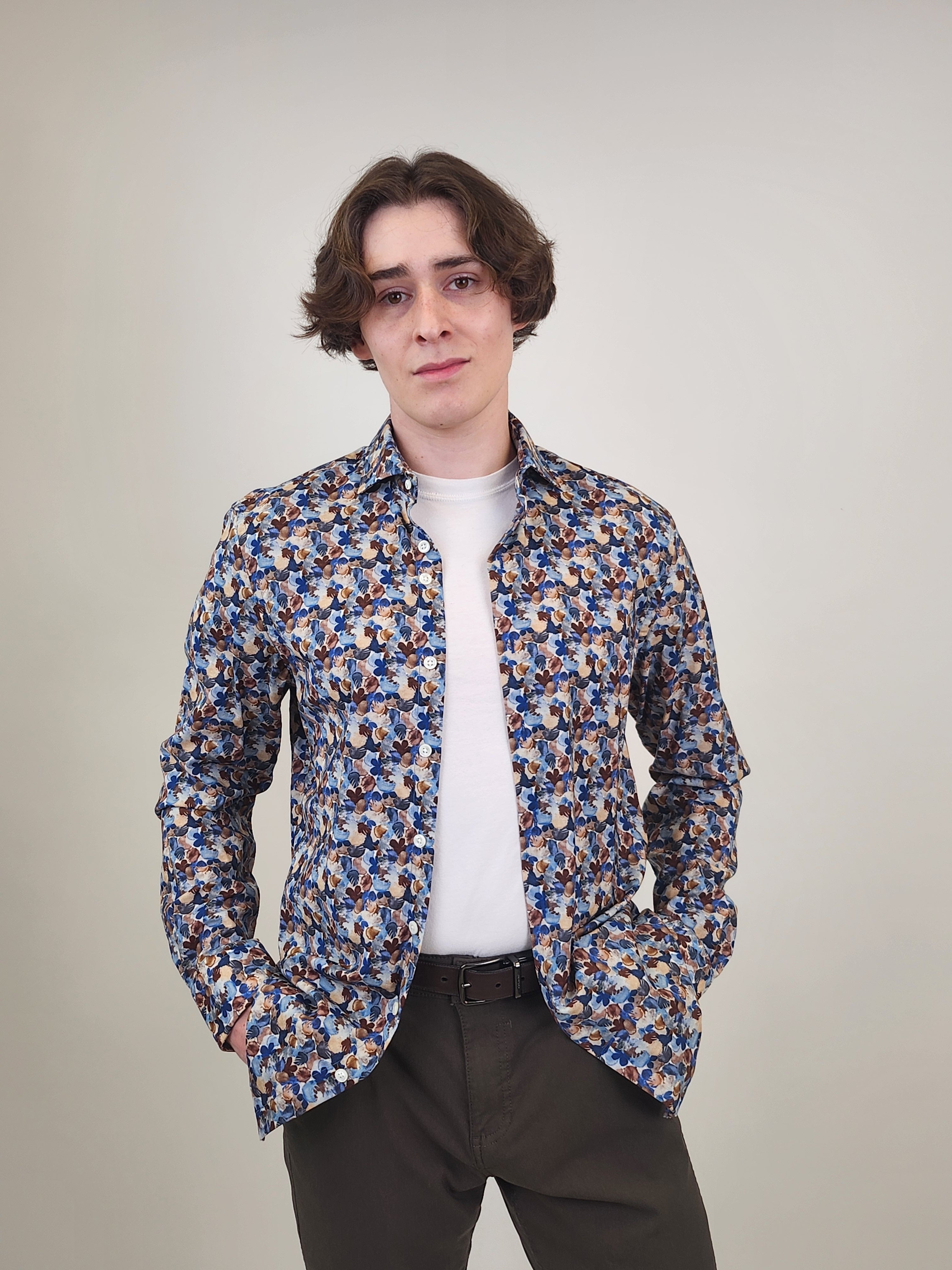 Brand Partner,R2 Amsterdam, R2 Amsterdam Blue Multi Floral Print Wool Long Sleeve Button Up Shirt, Blue, Small-41-Tag39