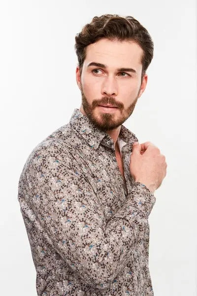 Faire,Web Blouse, Web Blouse Brown Abstract Print Button Up Dress Shirt, Brown, Large-46-TagL