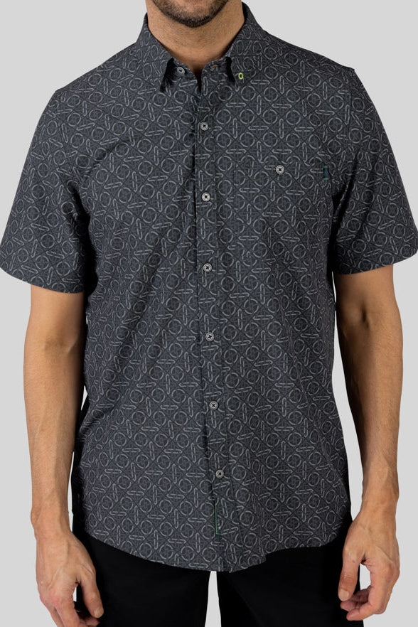 Faire,William Murray Golf, William Murray Golf Charcoal Geo Print Short Sleeve Shirt, Grey, Extra Large-48-TagXL