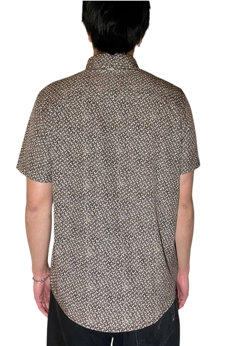 Wholesale,Projek Raw, Projek Raw Brown Abstract Print 4 Way Stretch Short Sleeve Button Up Shirt, Brown, Extra Large-48-TagXLLarge-46-TagLMedium-43-TagMSmall-41-TagSExtra Extra Large-52-TagXXL