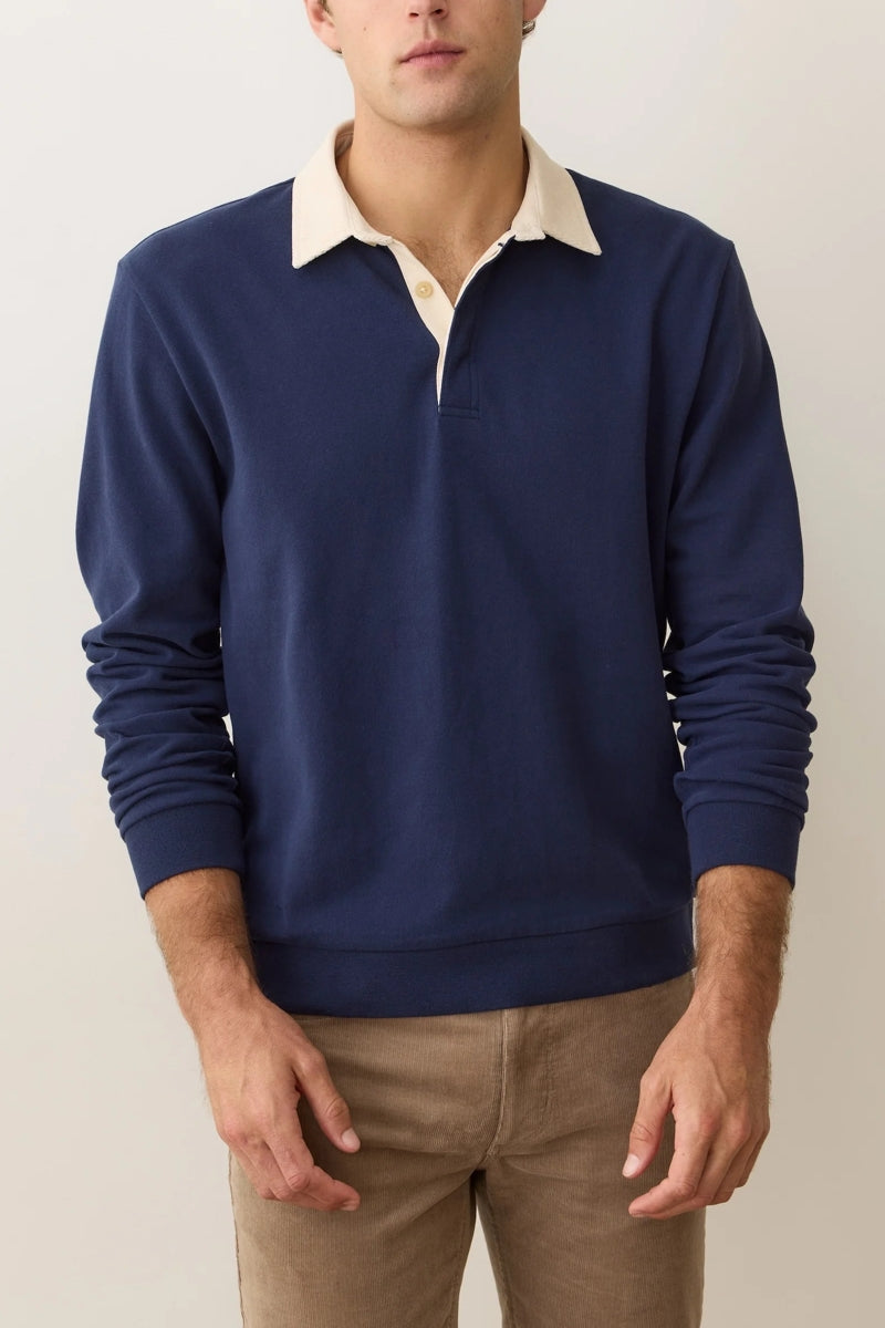 Wholesale,Marine Layer, Marine Layer Indigo with Cream Suede Rugby Polo, Blue, Small-42-TagSMedium-44-TagMLarge-47-TagLExtra Large-50-TagXL