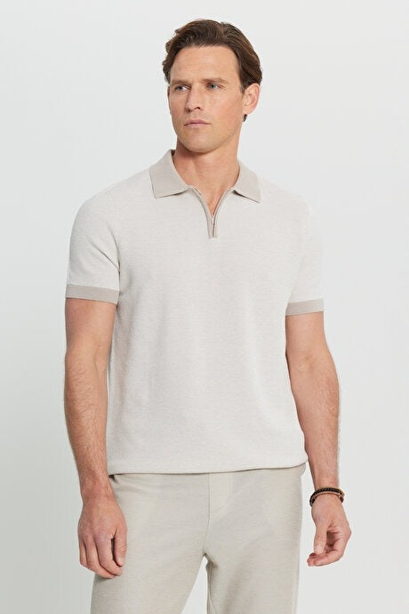 Altinyildiz Classics Beige Qtr Zip Pique Textured Knit Polo