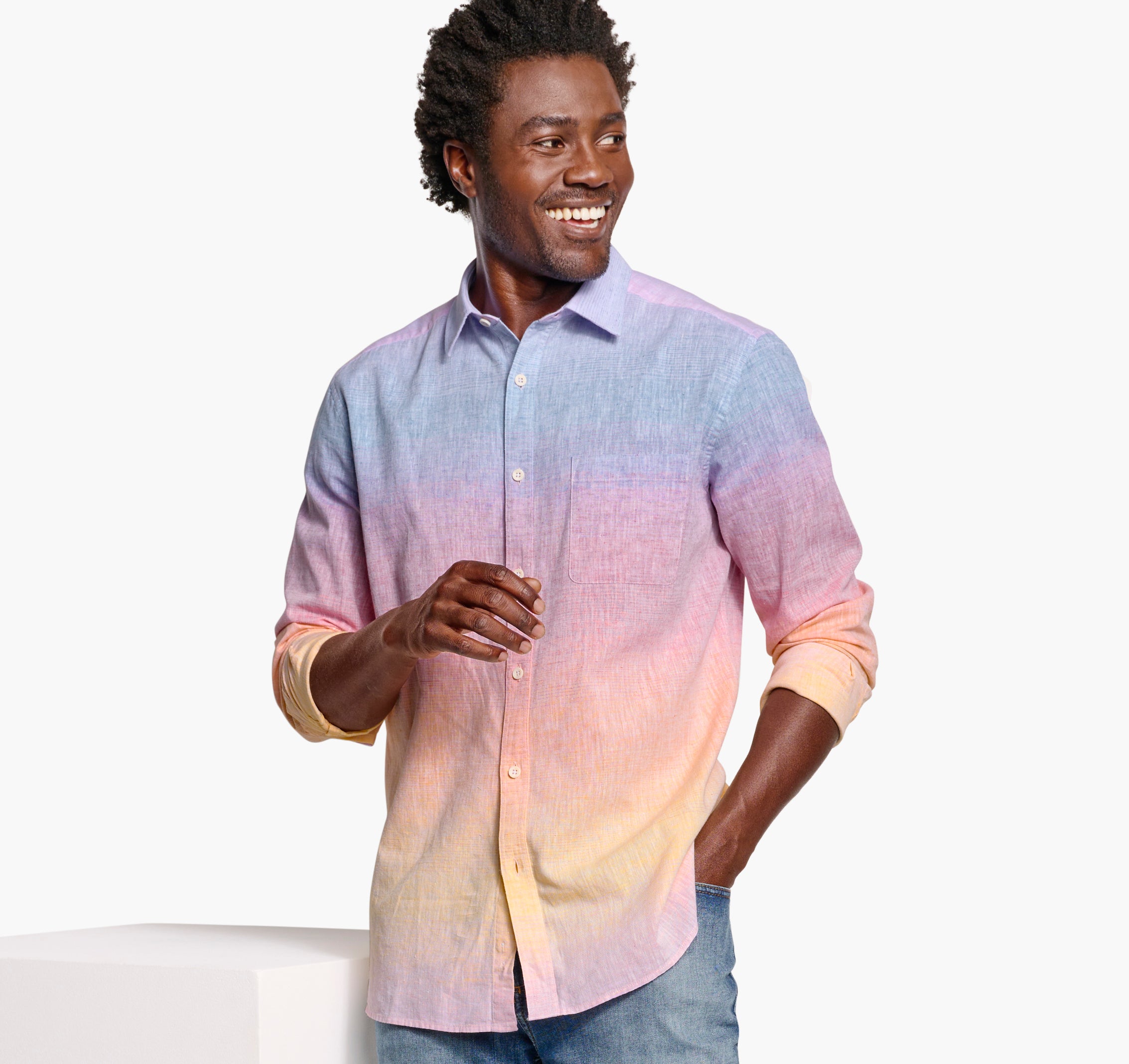 Wholesale,Johnston & Murphy, Johnston & Murphy Blue Multi Ombre Washed Linen/Cotton Blend Long Sleeve Shirt, Blue, Medium-44-TagM