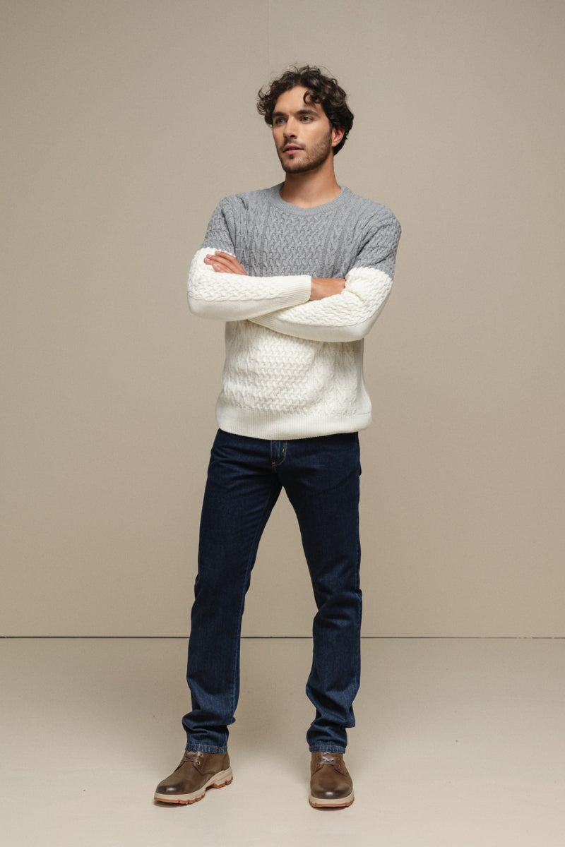 Faire,SMF, SMF Grey/White Colorblock Jacquard Knit Sweater, Grey, Medium-42-TagM