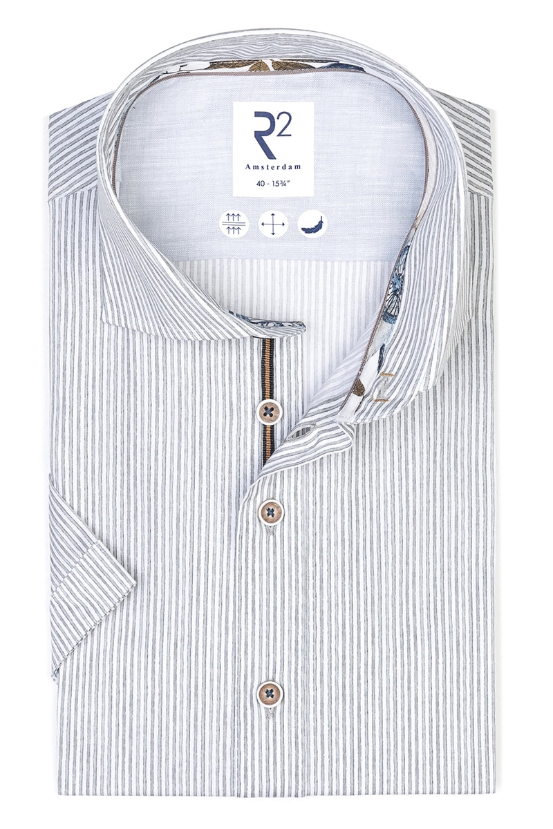 Direct From Brand,R2 Amsterdam, R2 Amsterdam Grey/White Stripped Stretch Short Sleeve Button Up Shirt, Grey, Medium-42-Tag40Large-44-Tag41