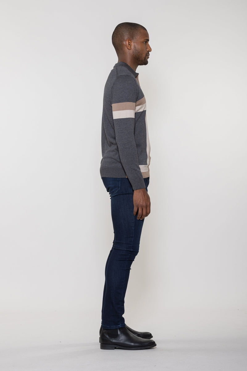 Wholesale,Luchiano Visconti, Luchiano Visconti Charcoal Intersia Zip Polo, Grey, Medium-42-TagMLarge-44-TagLExtra Large-46-TagXLExtra Extra Large-48-TagXXLSmall-40-TagS