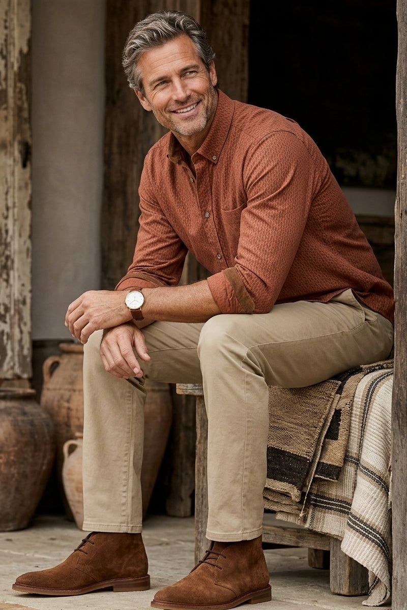 Wholesale,Johnston & Murphy, Johnston & Murphy Rust Overdyed Print Corduroy Shirt, Brown, Large-48-TagL