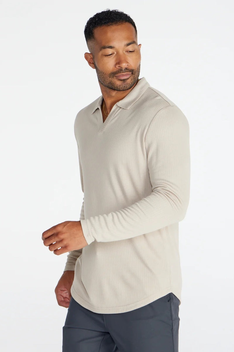 Wholesale,BYLT, BYLT Latte Ribbed Drop-cut Open V Long Sleeve Polo, Tan, Small-40-TagS