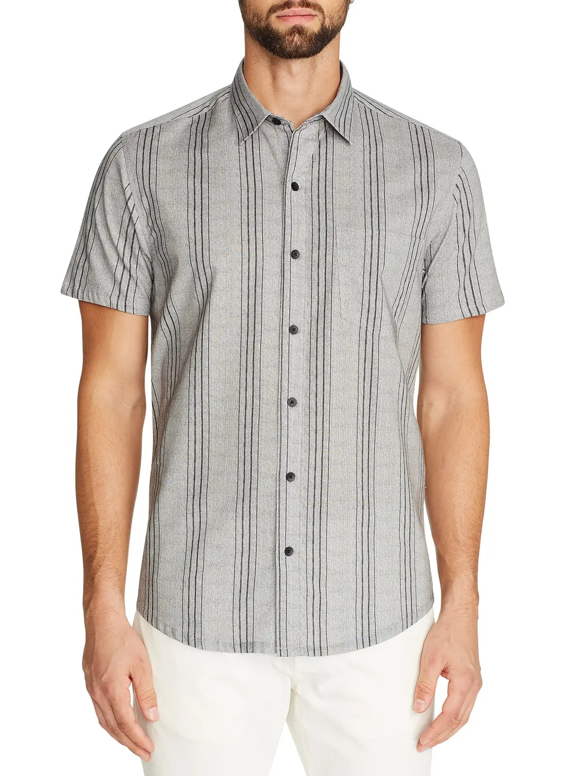 W.R.K., W.R.K Reworked Black Vertical Stripe Short Sleeve Shirt, Black, Large-44-TagL