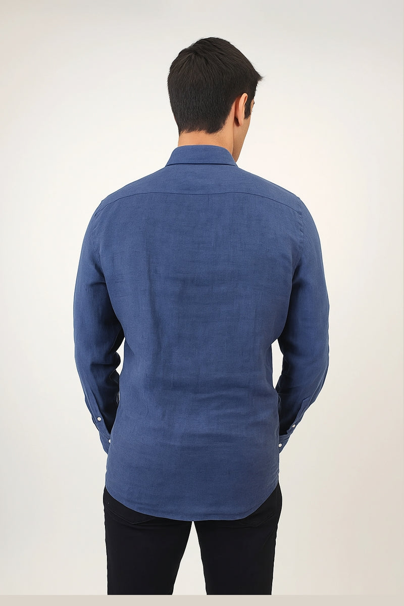 Brand Partner,R2 Amsterdam, R2 Amsterdam Dark Navy Linen Long Sleeve Shirt, Blue, Large-46-TagL