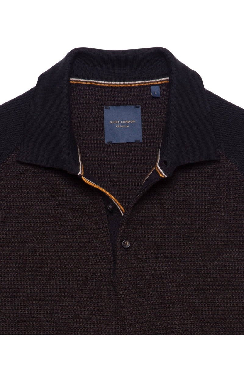 Faire,Guide London, Guide London Black/Brown Braided Weave Knit Button Polo, Black, Large-42-TagLExtra Extra Large-46-TagXXL