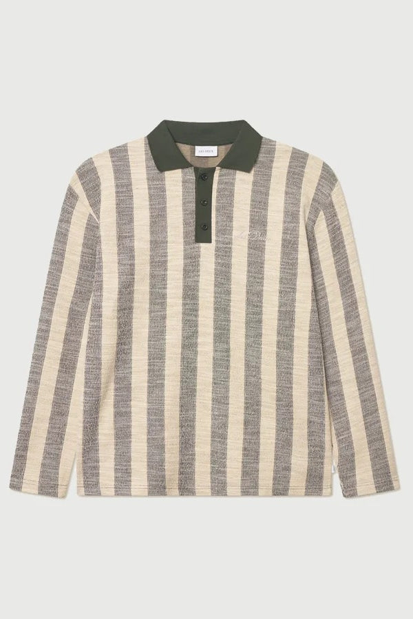 Wholesale,Les Deux, Les Deux Olive with Tan Striped Jacquard Jersey Textured Knit Polo, Green, Small-46-TagS