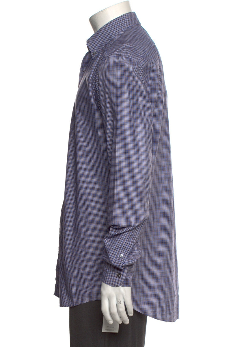 RealReal,Bergdorf Goodman, Bergdorf Goodman Blue/Brown Plaid Print Long Sleeve Dress Shirt, Blue, Medium-44-TagM