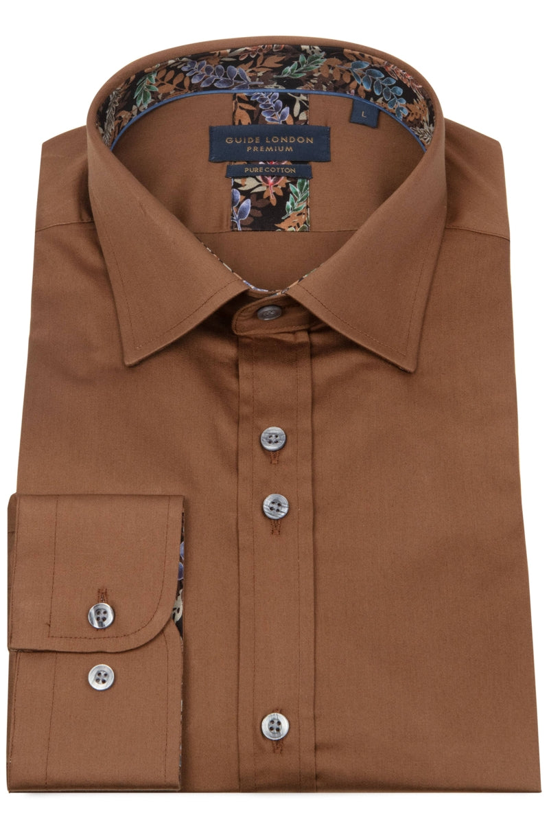Faire,Guide London, Guide London Brown with Floral Print Contrast Dress Shirt, Brown, Extra Large-46-TagXL