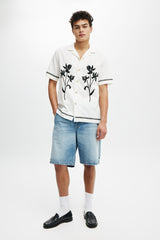 Cotton On Off White Embroidered Bouquet Short Sleeve Shirt