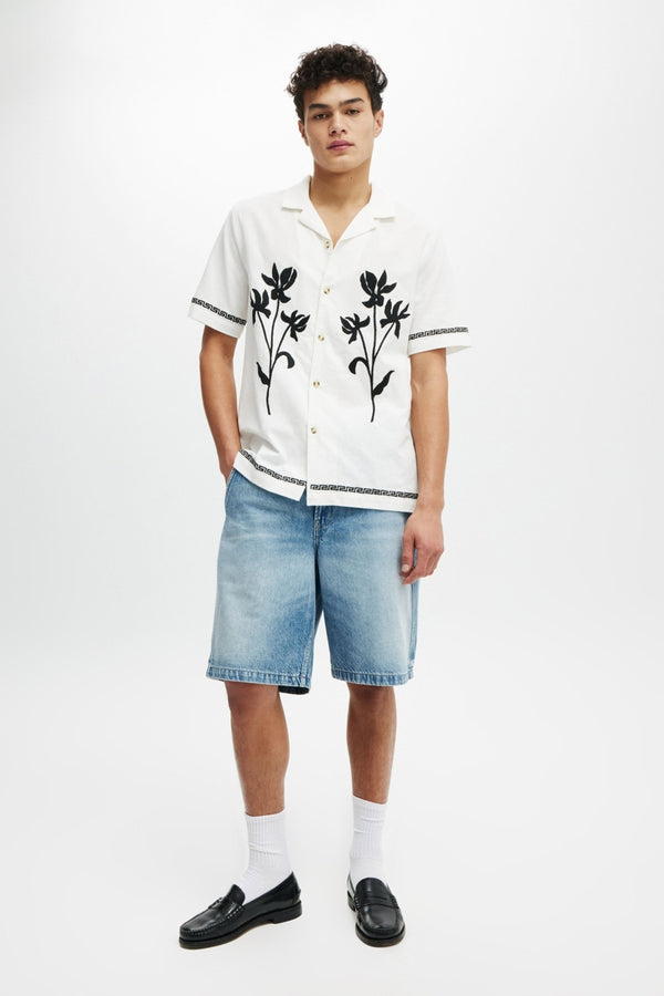 Cotton On Off White Embroidered Bouquet Short Sleeve Shirt