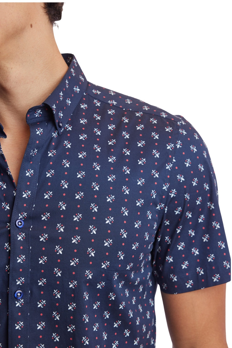Wholesale,Paisley & Gray, Paisley & Gray Navy Fleur De Lis Print Short Sleeve Shirt, Blue, Small-38-TagSSmall-40-TagMLarge-46-TagXLExtra Large-49-TagXXLMedium-43-TagL