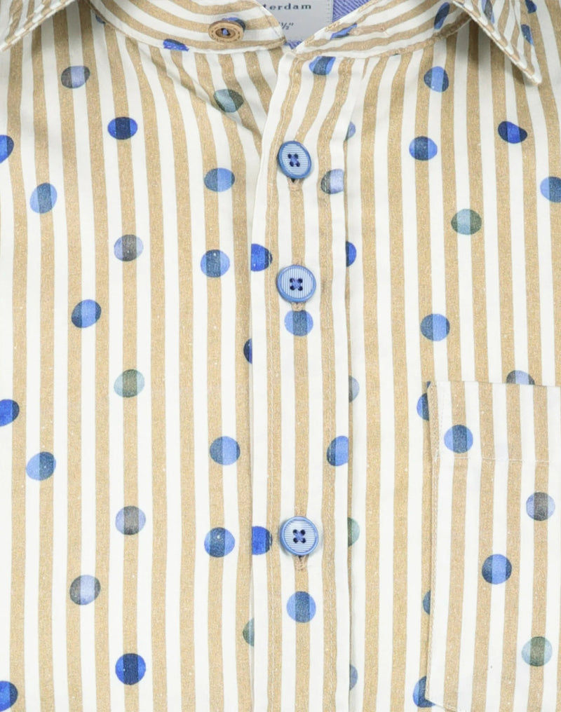 R2 Amsterdam Tan/White Stripes Dot Print Organic Cotton Stretch Short Sleeve Shirt