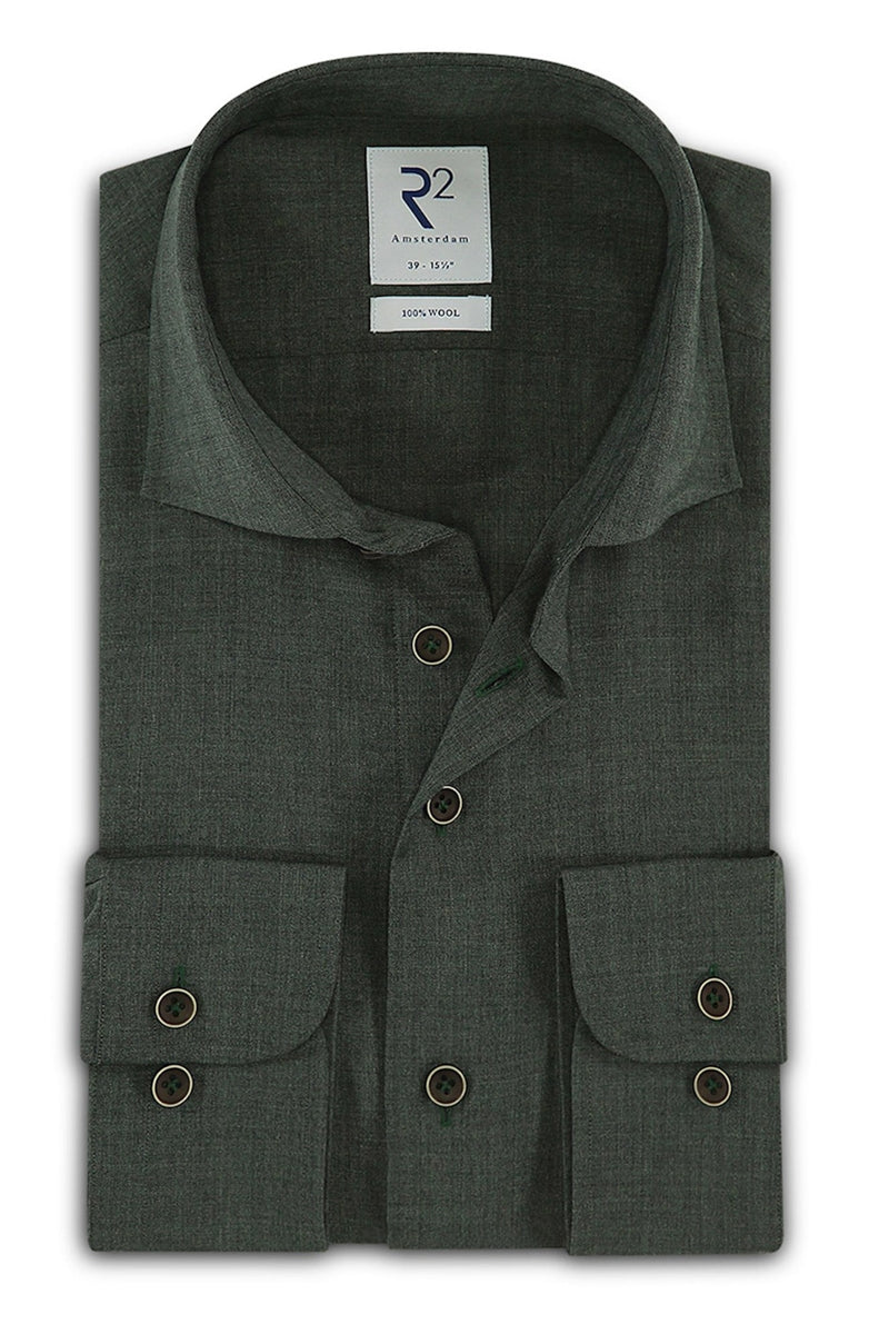 Direct From Brand,R2 Amsterdam, R2 Amsterdam Dark Green 100% Wool Shirt, Green, Medium-42-Tag39