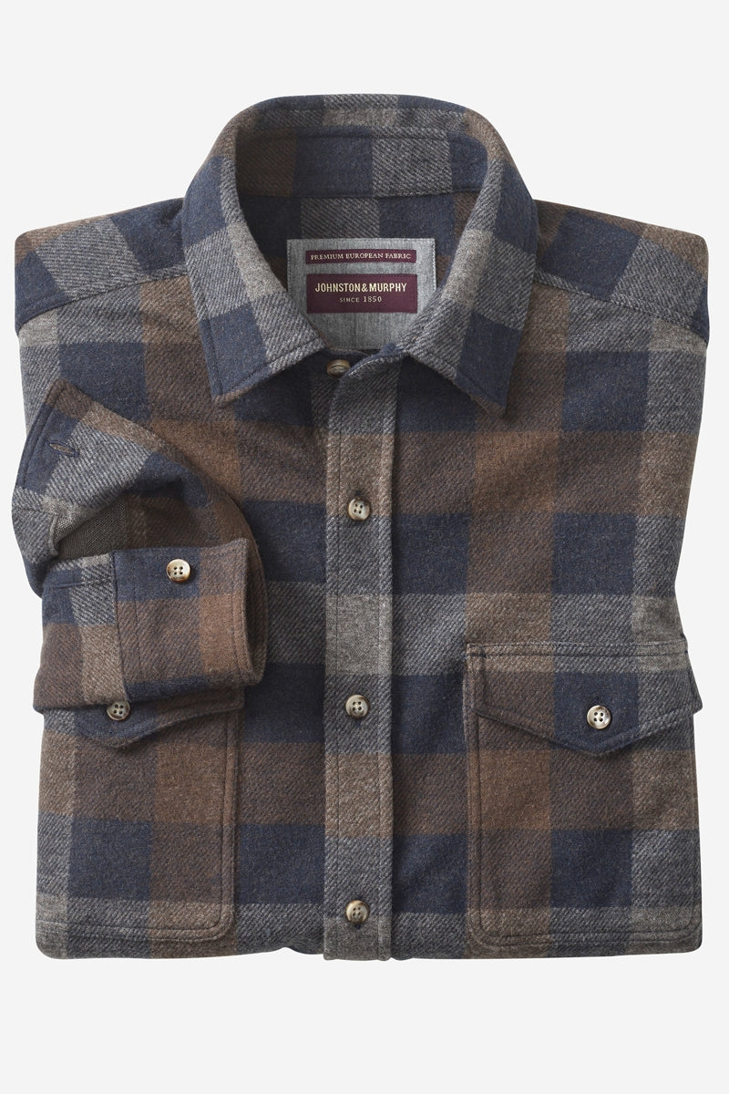 Wholesale,Johnston & Murphy, Johnston & Murphy Navy/Brown Plaid Brushed Knit Overshirt, Blue, Small-42-TagS