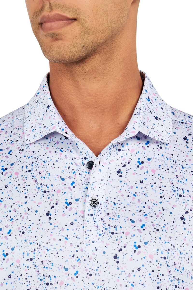 Faire,CON.STRUCT, CON.STRUCT White Paint Splatter 4-way Stretch Recycled Polo, White, Extra Large-48-TagXL