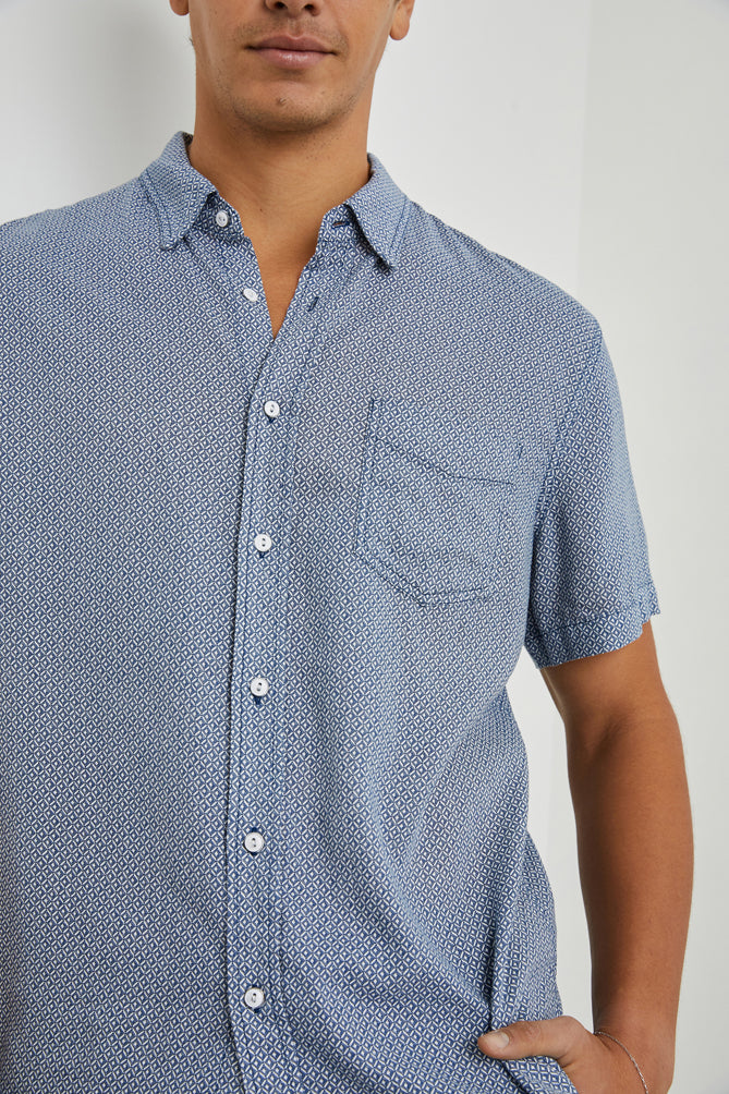 Wholesale,Rails, Rails Khaki Navy/White Geo Print Short Sleeve Linen Blend Shirt, Blue, Medium-43-TagMLarge-45-TagLExtra Large-48-TagXLExtra Extra Large-52-TagXXL