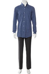 Bergdorf Goodman Navy Plaid Print Dress Shirt