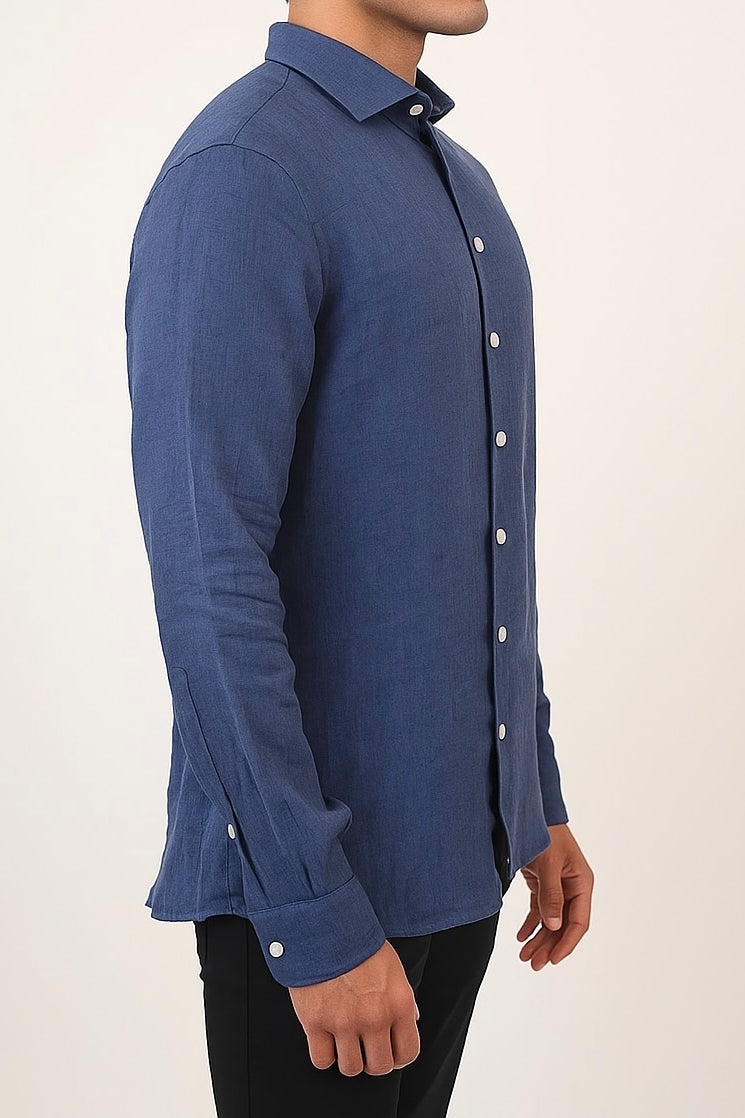 Brand Partner,R2 Amsterdam, R2 Amsterdam Dark Navy Linen Long Sleeve Shirt, Blue, Large-46-TagL