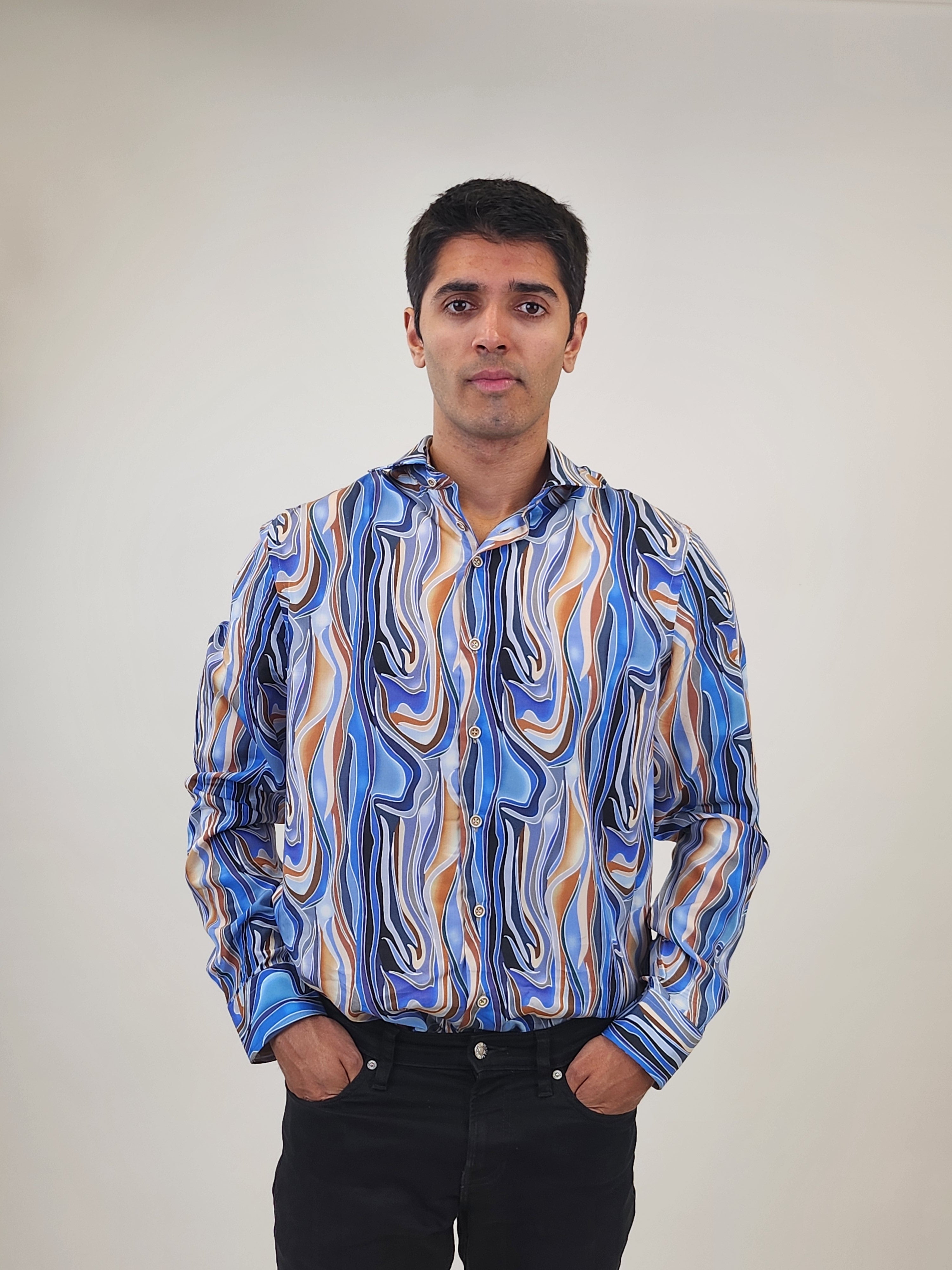 Brand Partner,R2 Amsterdam, R2 Amsterdam Blue Abstract Print Lyocell Shirt, Blue, Extra Large-48-Tag43