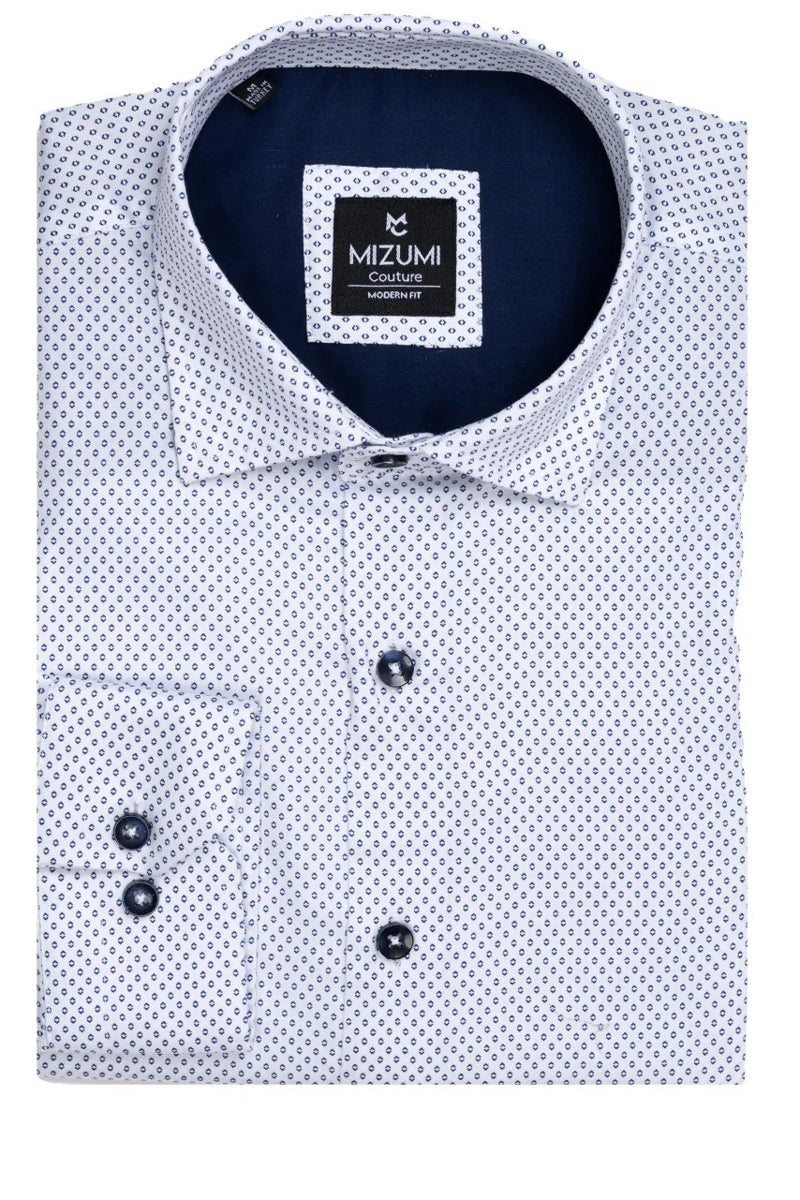 Wholesale,Mizumi, Mizumi White with Navy Geo Diamond Print Shirt, White, Large-45-TagLExtra Large-48-TagXLExtra Extra Large-52-Tag3XLMedium-43-TagMExtra Extra Large-50-TagXXL